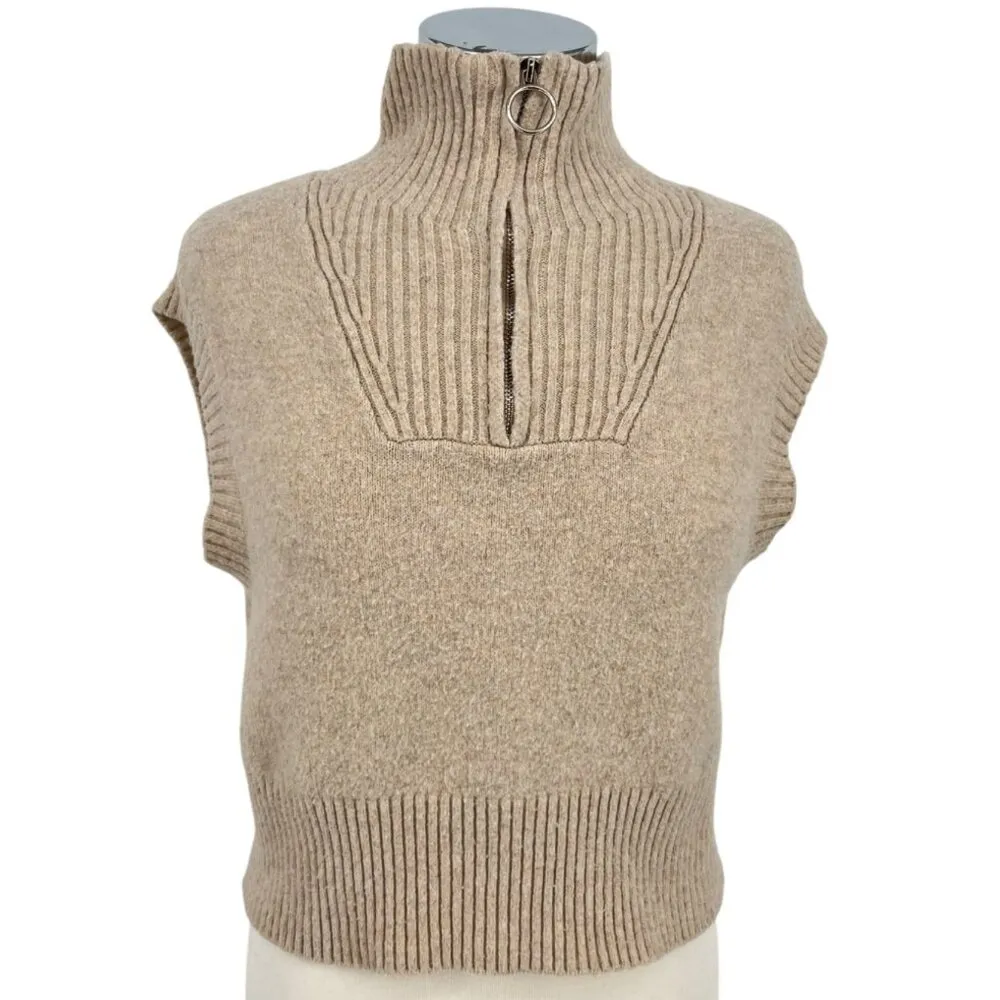 Pink Rose Sleeveless Beige Mock Neck Quarter Zip Sweater Vest Size Small - Image 2