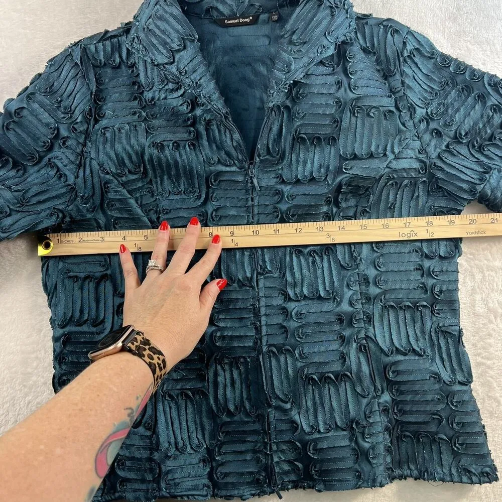 Samuel Dong L Large Jacket Textured Satin Zip Up Statement Evening Wear Art Blue - Image 9