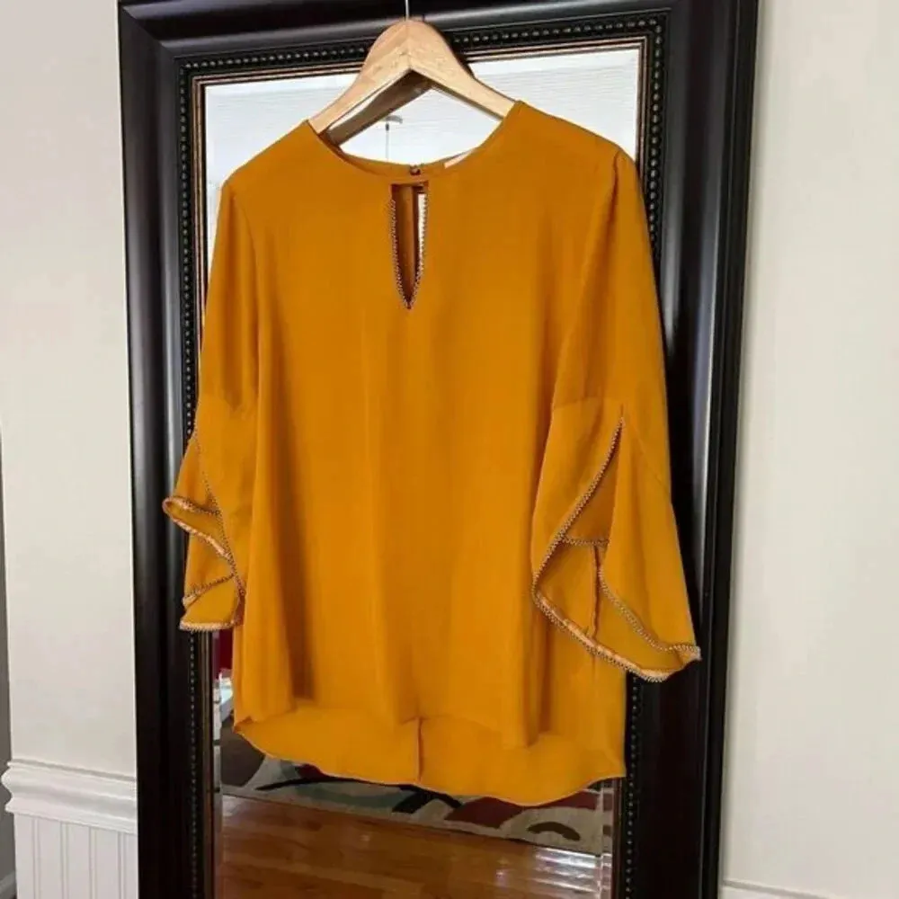 Marled Mustard Bedazzled Flare Sleeve Blouse L – Elegant Top with Rhinestone Orange Size L - Image 2