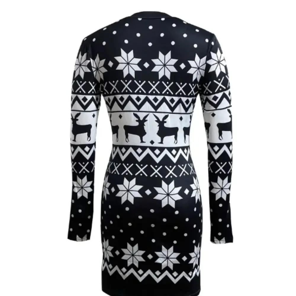 Christmas Deer Print Bodycon Dress, Casual Crew Neck Long Sleeve Mini Dr… Black Size 6 - Image 2