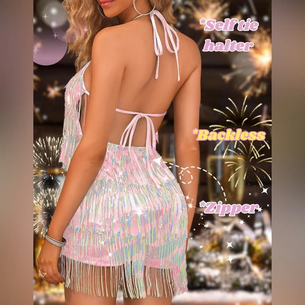 NWT Kaei&Shi Sequin Fringe Romper Sparkly Glitter Metallic Backless Jumpsuit - Image 3