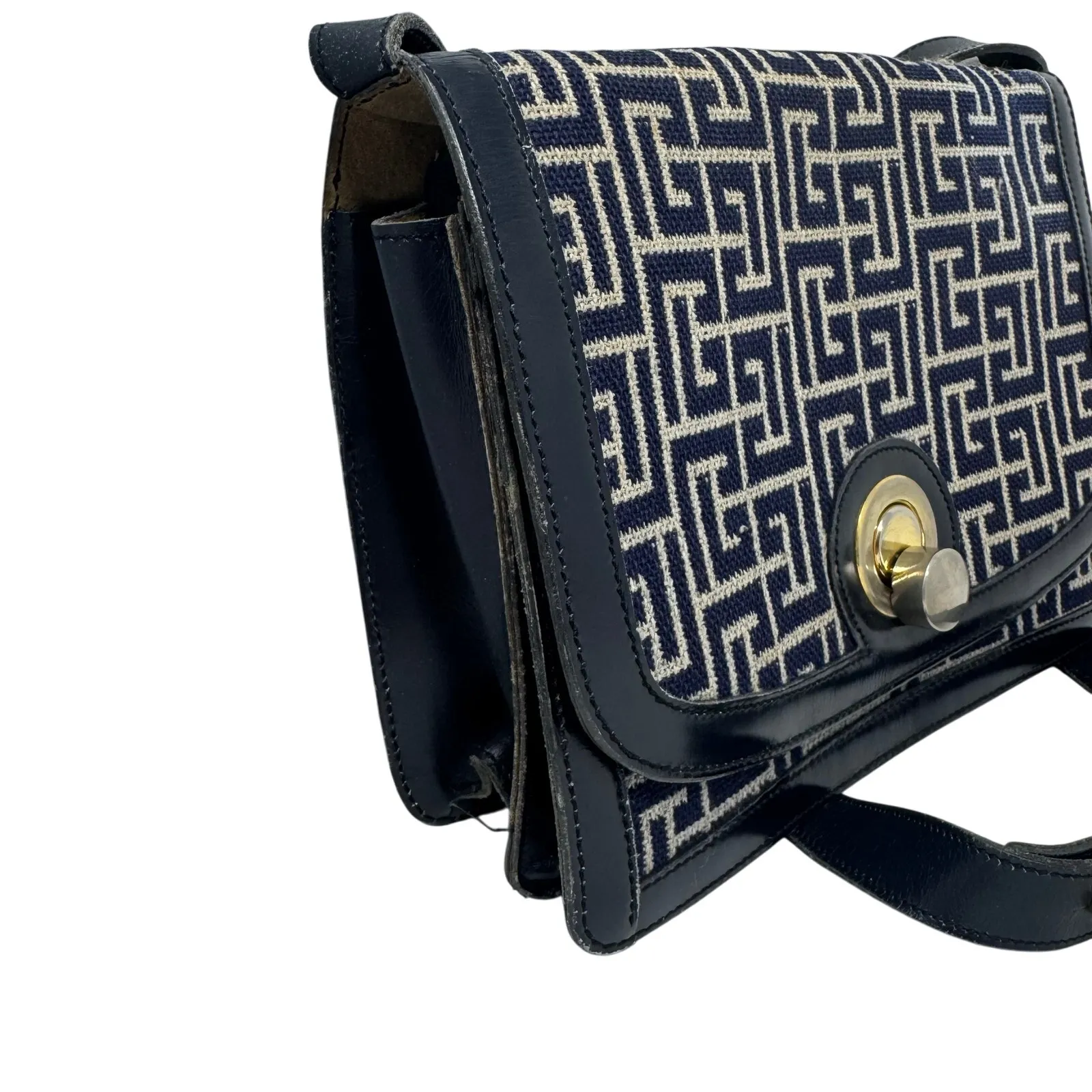 Balmain Vintage Monogram Canvas & Leather Crossbody Bag Navy Gold Hardware - Image 2