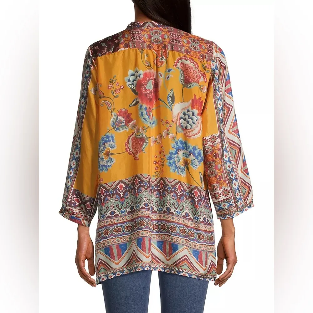 Sasha Maine yellow floral multi silk tunic blouse, size large - Image 3