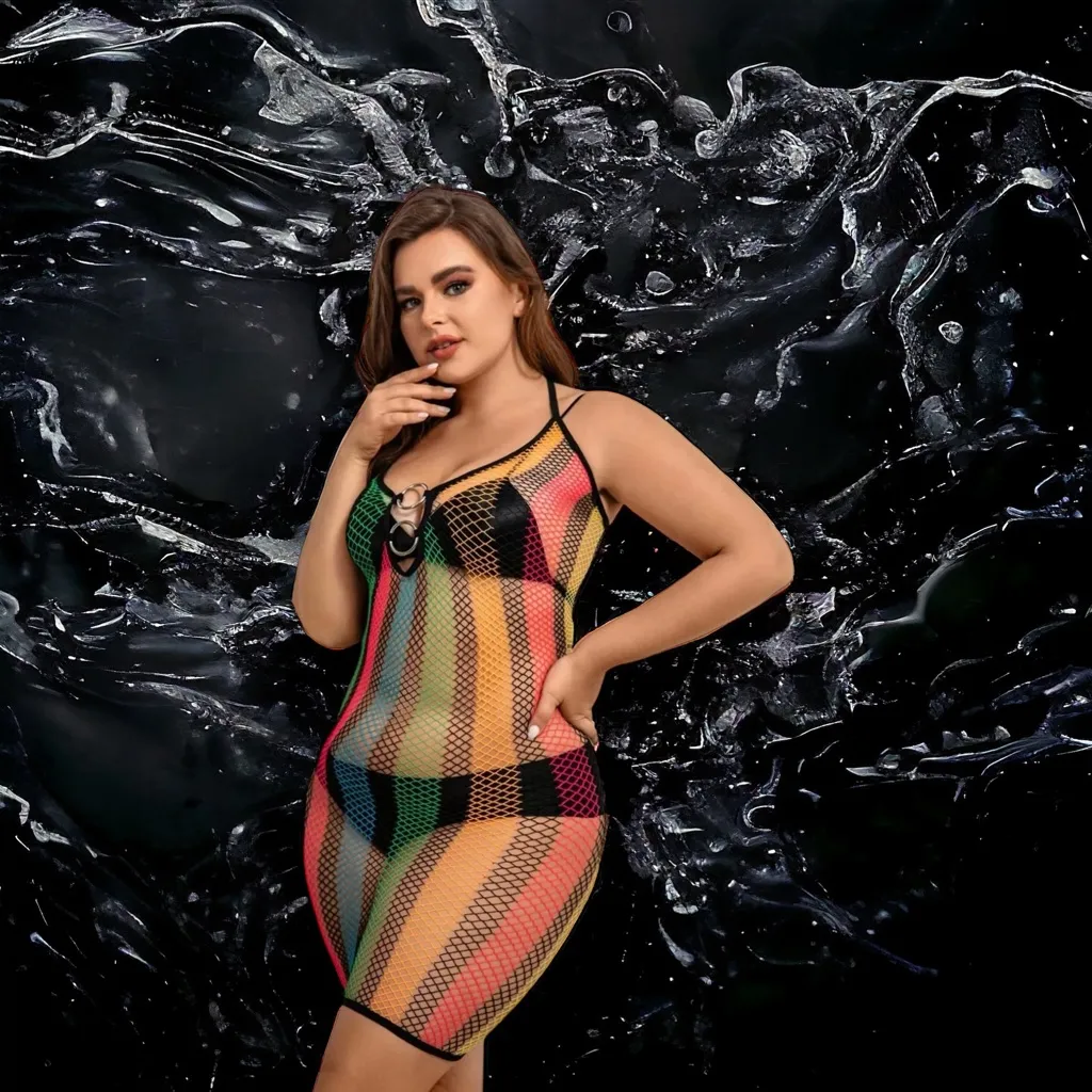 Plus Size Sexy Lingerie Dress ‎ Rainbow Striped Ring Decor Halter Neck Slim Fit - Image 7