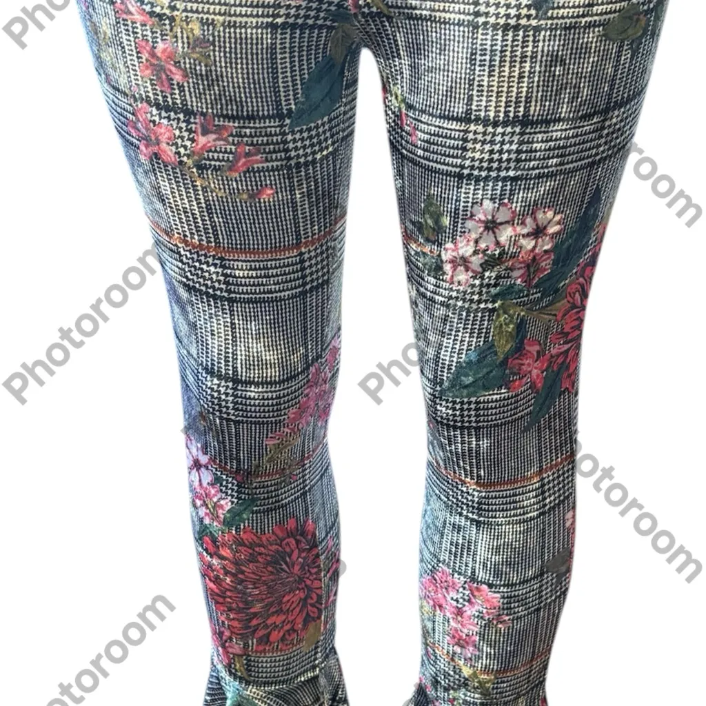 PLAID FLORAL BELL BOTTOM PANT Gray Size L - Image 4