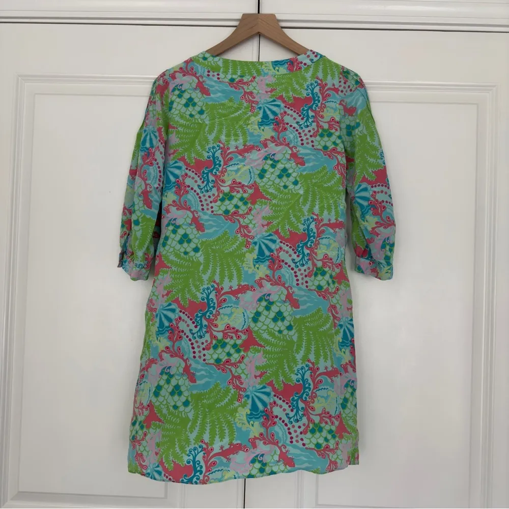Lilly Pulitzer 100% Silk Mini Dress Beach Floral Lizard Print Preppy 3/4 Sleeve - Image 2