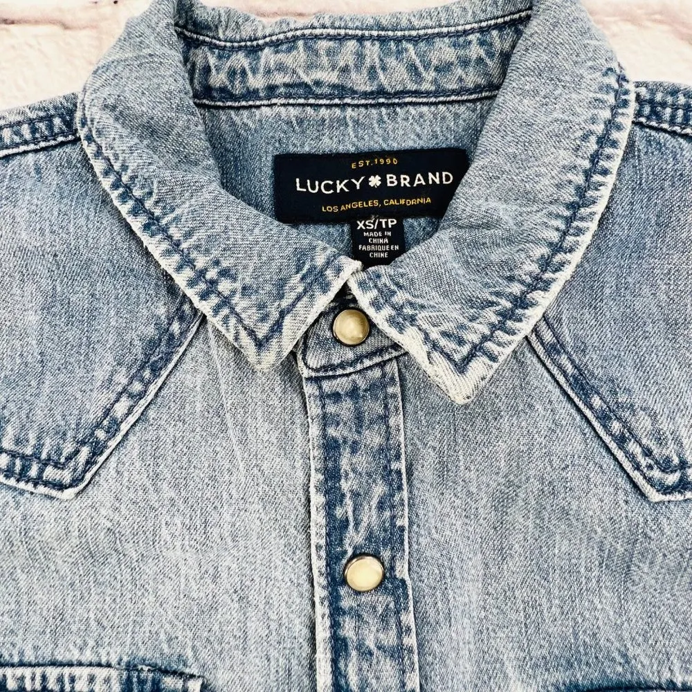 Lucky Brand  Dress XS Light Wash Pear Snap Button Down Frayed Hem Western Denim - Image 3