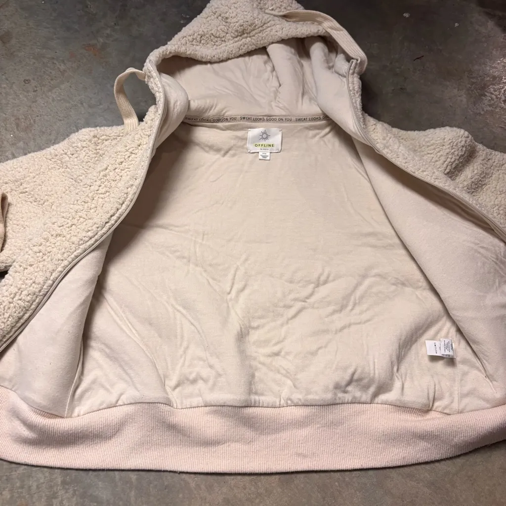 Aerie Offline Coat Womens Small CreamSherpa lined Teddy Bear Hoodie Jacket Multiple - Image 5