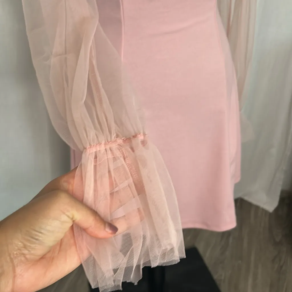 SHEIN Romantic Pink Puff Sleeve Dress – Sheer Detail & Ruffle Neckline size XS - Image 2