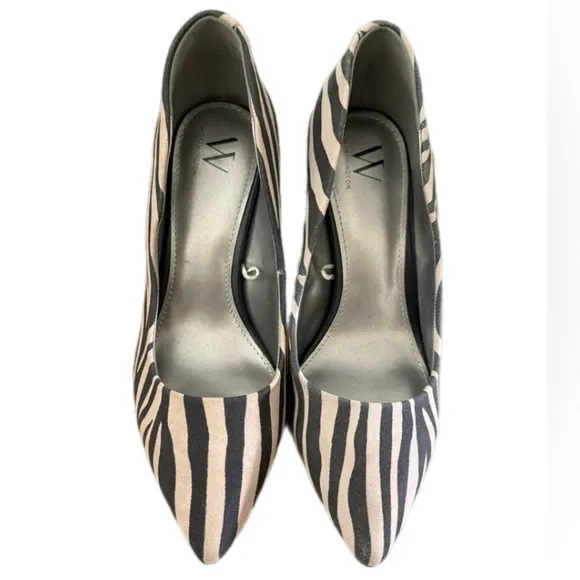 Worthington Office Siren Heels 9.5 Black White Stripe Animal Print Pointed Toe - Image 2