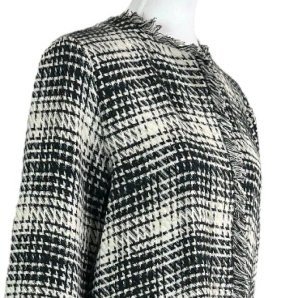 Maven West Women’s Long Jacket Open Front Fringe Black Cream Plaid Size Medium - Image 8