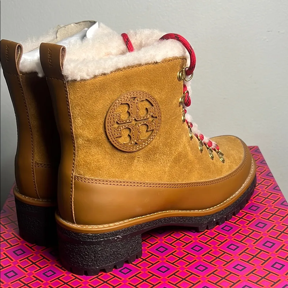TORY BURCH thea shearling boots size6 color/rhum natural 202 rubberized leather - Image 5