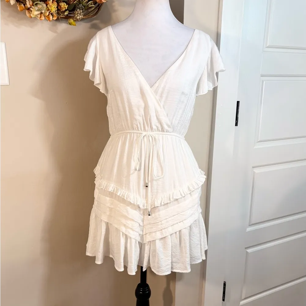 SAINTS & SECRETS Ruffled Tie Back Waist Cinch Plunging Mini Dress ~White Sz M White Size M - Image 12