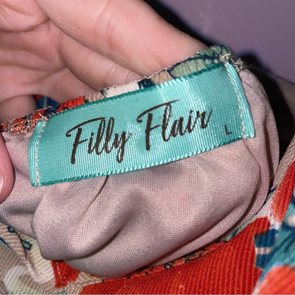 Filly Flair Size L Maxi Dress Tan Tropical Floral Ruffle Tiered Open Back - Image 4