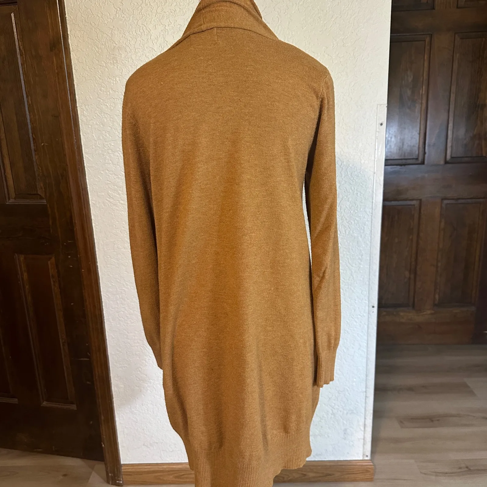 Dreamers Long Open Front Cardigan Sweater M/L Camel Brown Pockets - Image 5