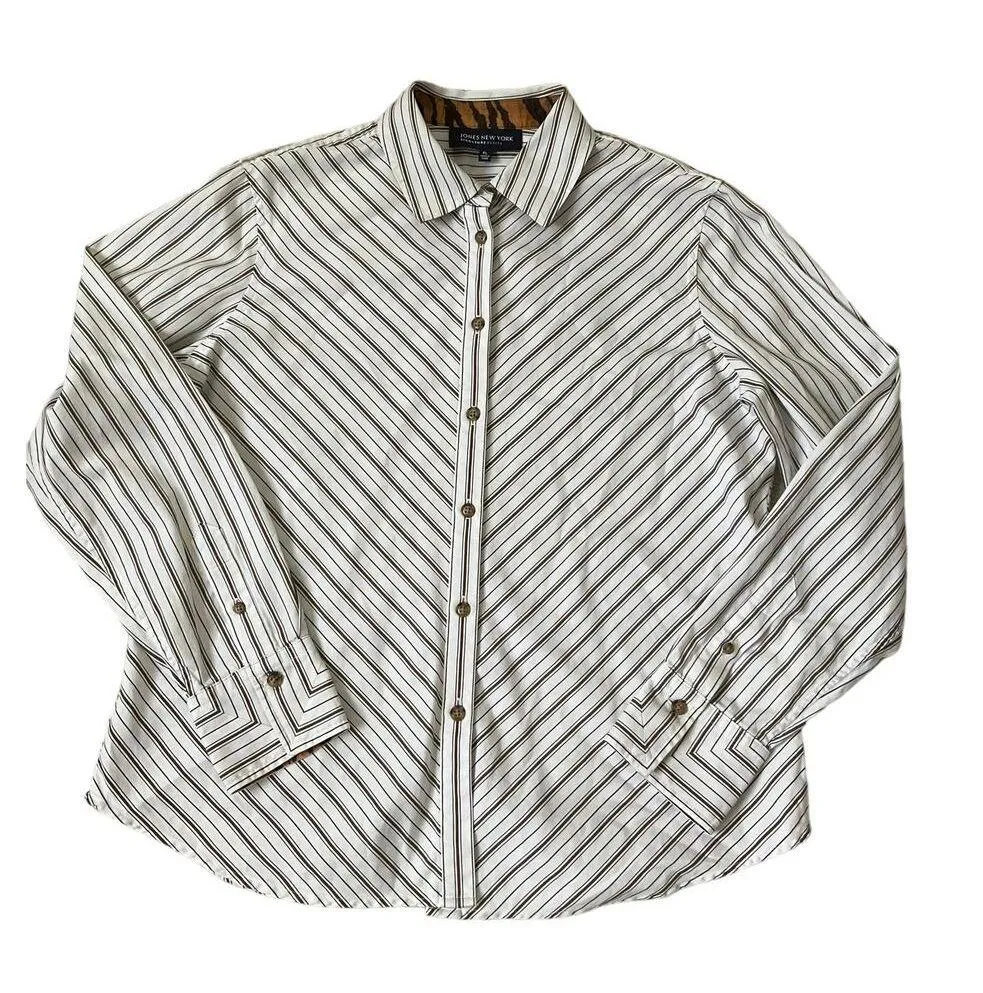 Jones New York White & Brown Button Front Top Women's Petite Size Large | 49-48 - Image 3