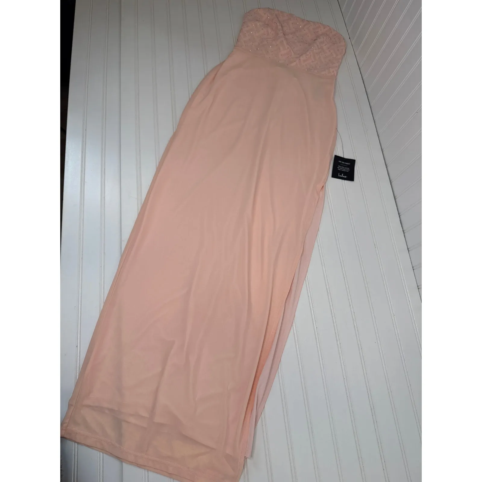 NWT Lulus Stunning Concept Light Pink Mesh Rhinestone Strapless Maxi Dress Sz L - Image 3