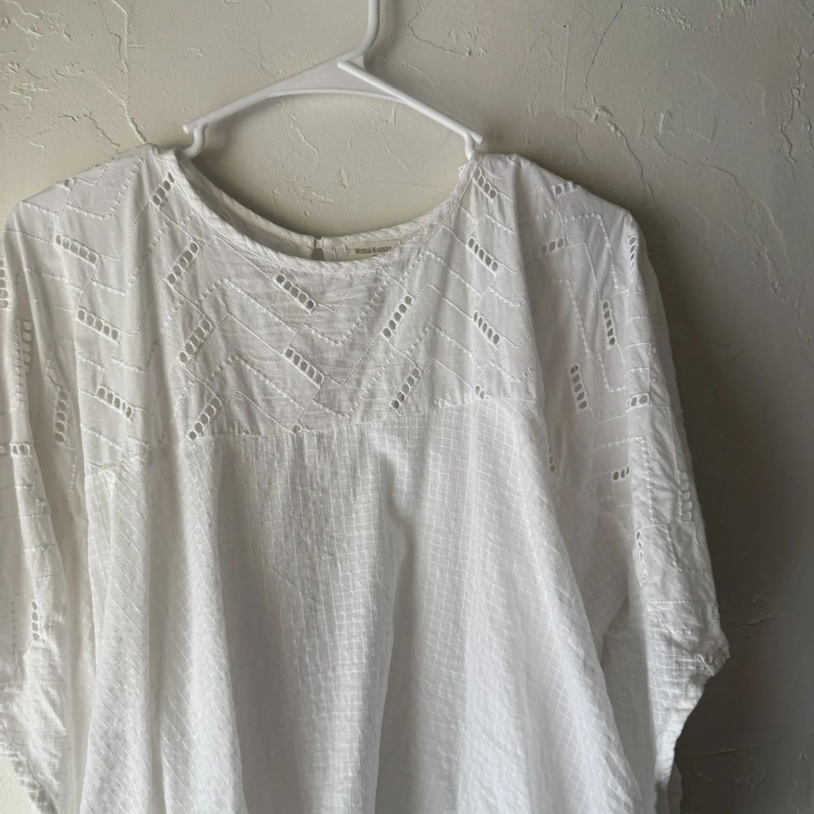 World Market Blouse Womens One Size Eyelet Boho‎ Top Relaxed Fit Peasant Shirt White - Image 2