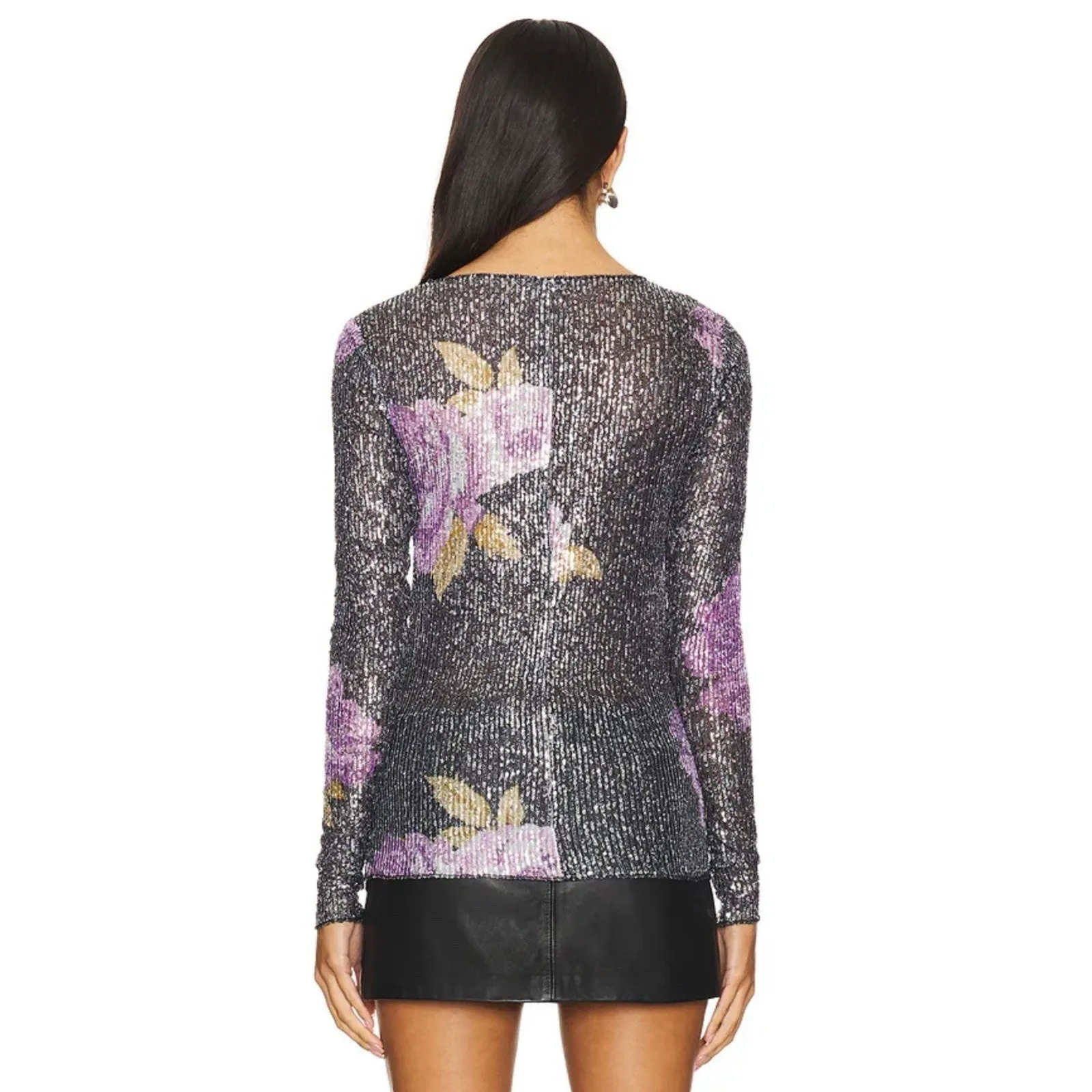 NWT Free People Intimately Gold Rush Black Combo Printed Sequin Long Sleeve - Image 2