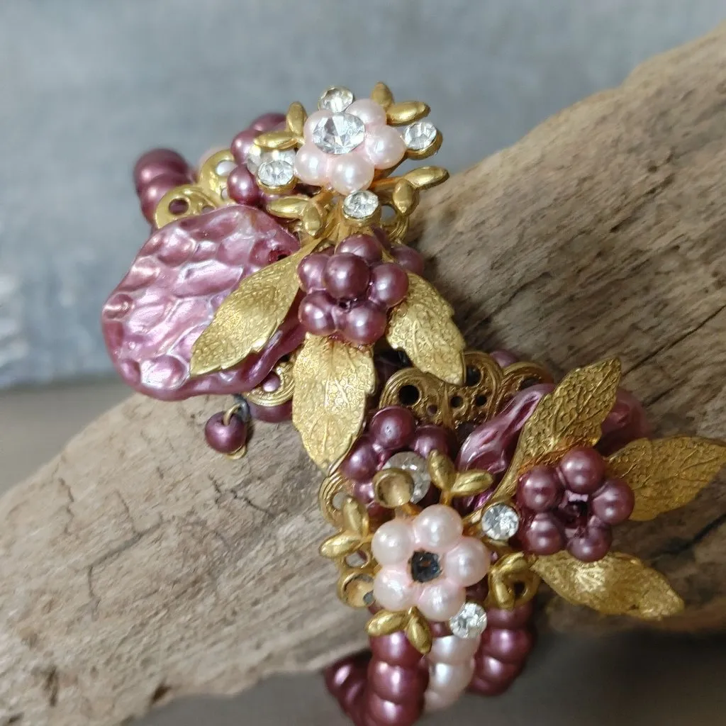 Miriam Haskell Bracelet Vintage Pink Gold Floral Beaded Rhinestones Faux Pearl - Image 16