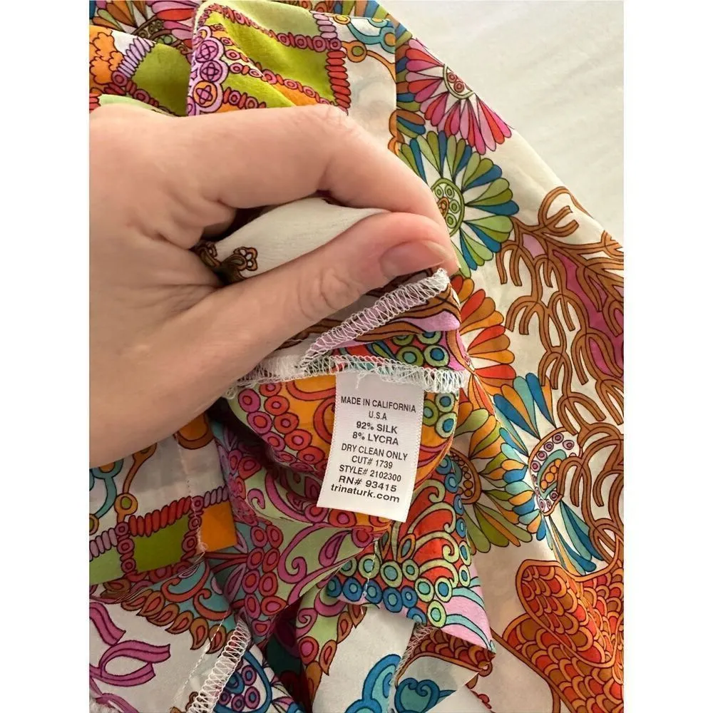 Trina Turk Paisley Flowy Blouse Long Sleeves V Neckline Size S Multicolored - Image 4