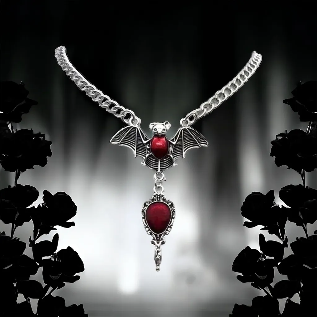 Gothic Party Style Special Bat Red Mirror Pendant‎ Zinc Alloy Necklace Silver - Image 3