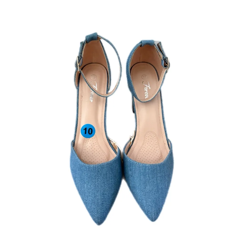 Blue Denim Chunky Block Heel Pumps Size 10 Y2K Streetstyle Ankle Strap Heels - Image 3