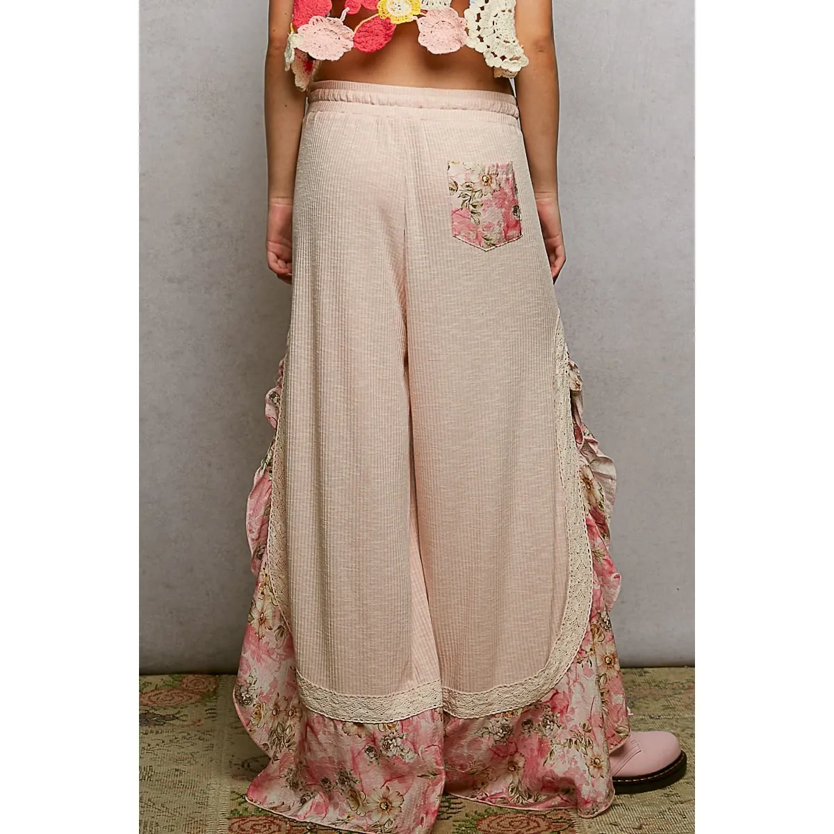 POL Floral Ruffle Waffle Knit Palazzo Pants Women's Pink Size Small - Image 5