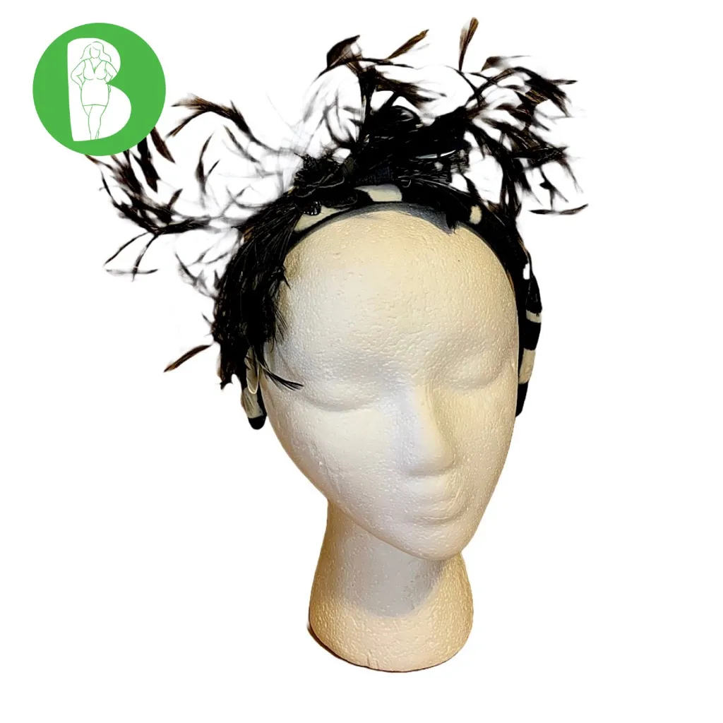 MARZI ITALY BLACK & WHITE ZEBRA PRINT VELVET & FEATHER HANDMADE HEADBAND - Image 2