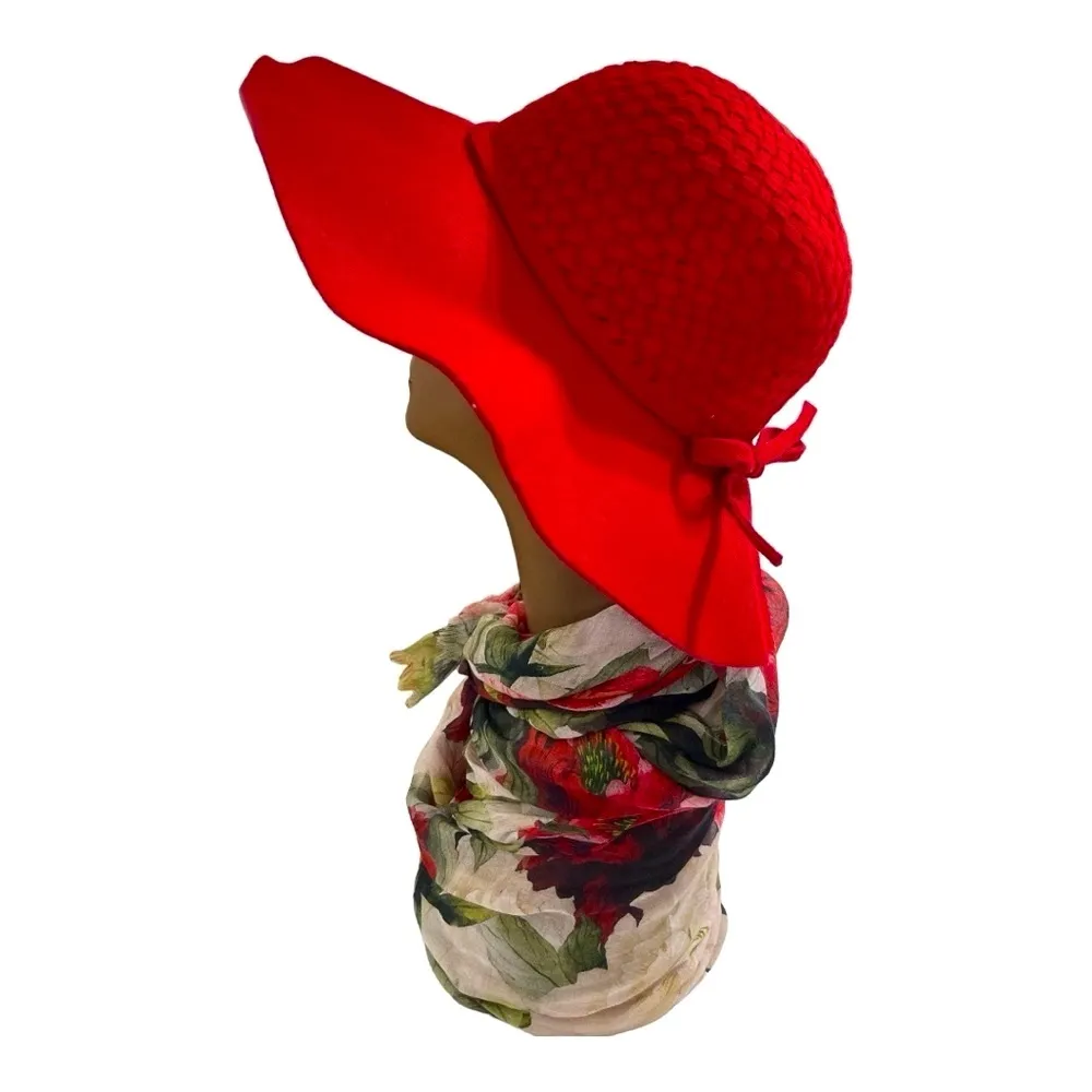 Red Floppy Woven Wool Hat, One Size, Fall Winter, Church, Casual - Image 3