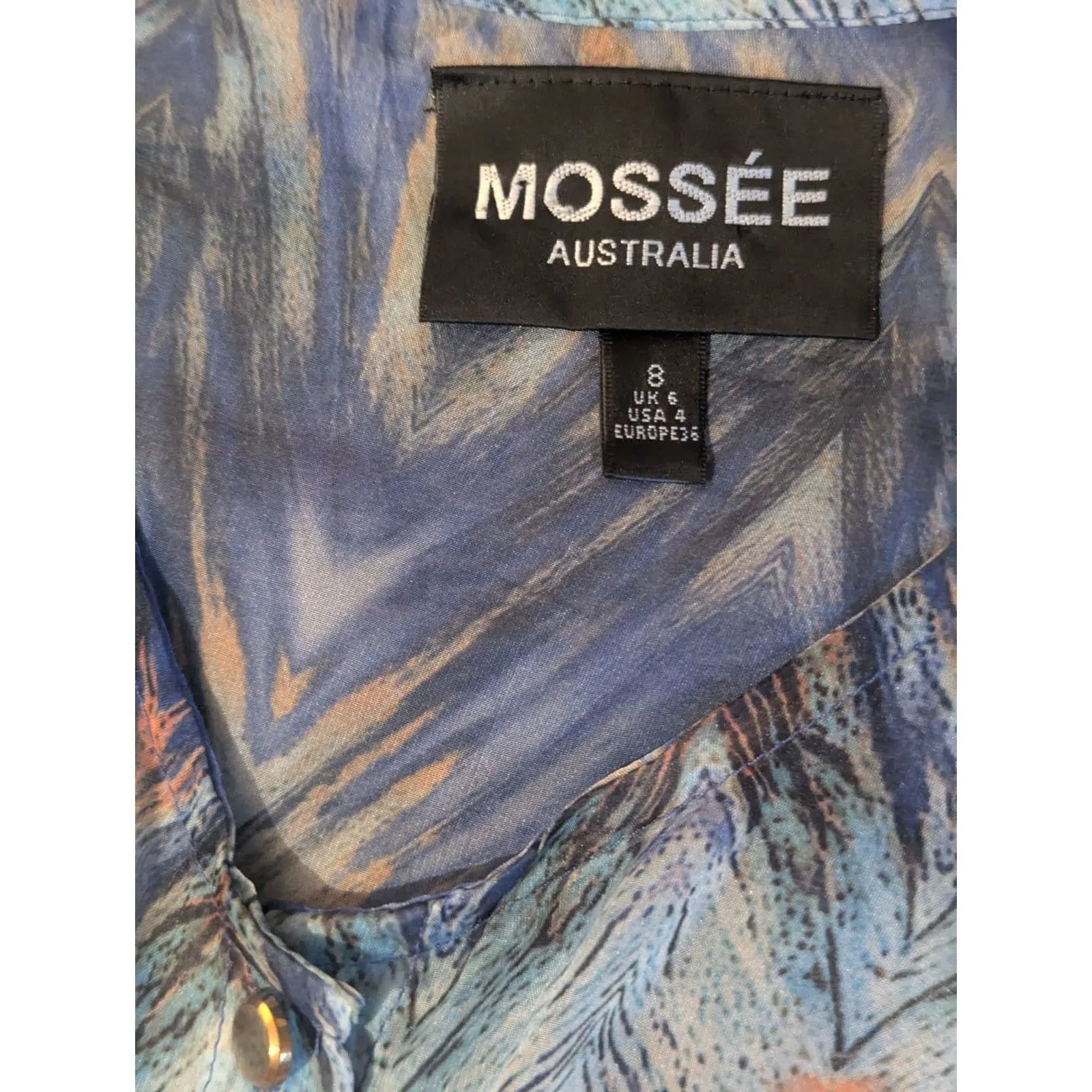 Mossée Australia Blue Geometric Print Sheer Button Front Maxi Dress Size 8 - Image 2