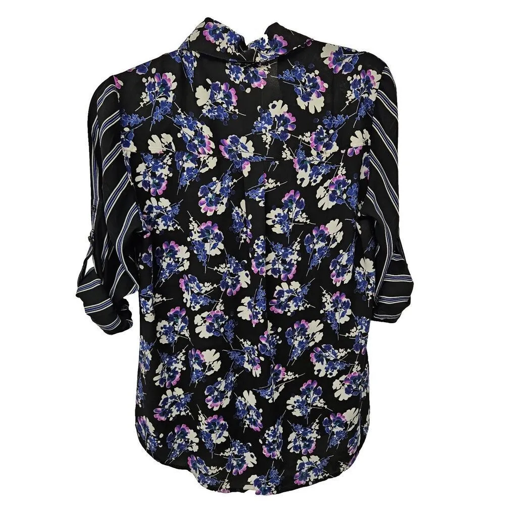 Express Portofino Floral Striped Shirt Blouse Top S Roll Tab *FLAW - Image 2