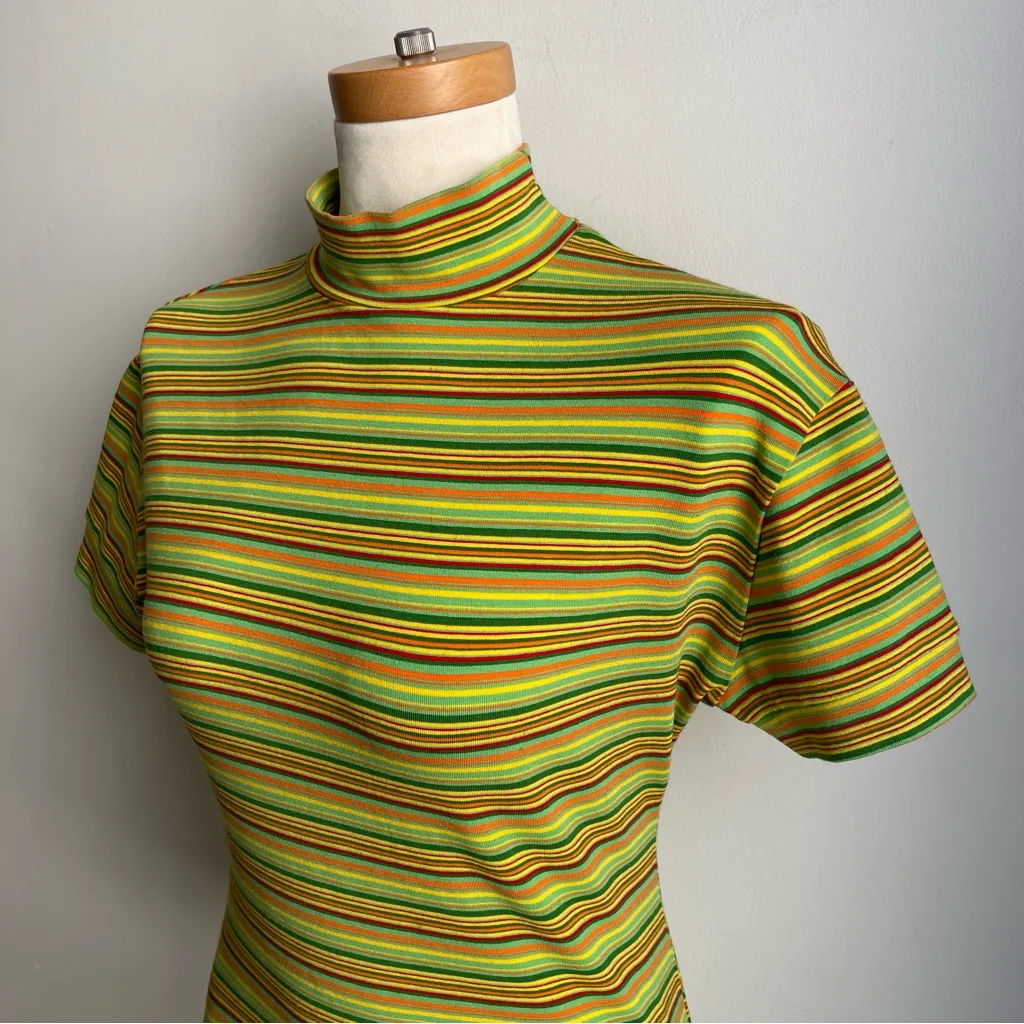 Vintage Y2K Henri Bendel Mock Neck Striped Shirt Tee Colorful Green Medium - Image 2