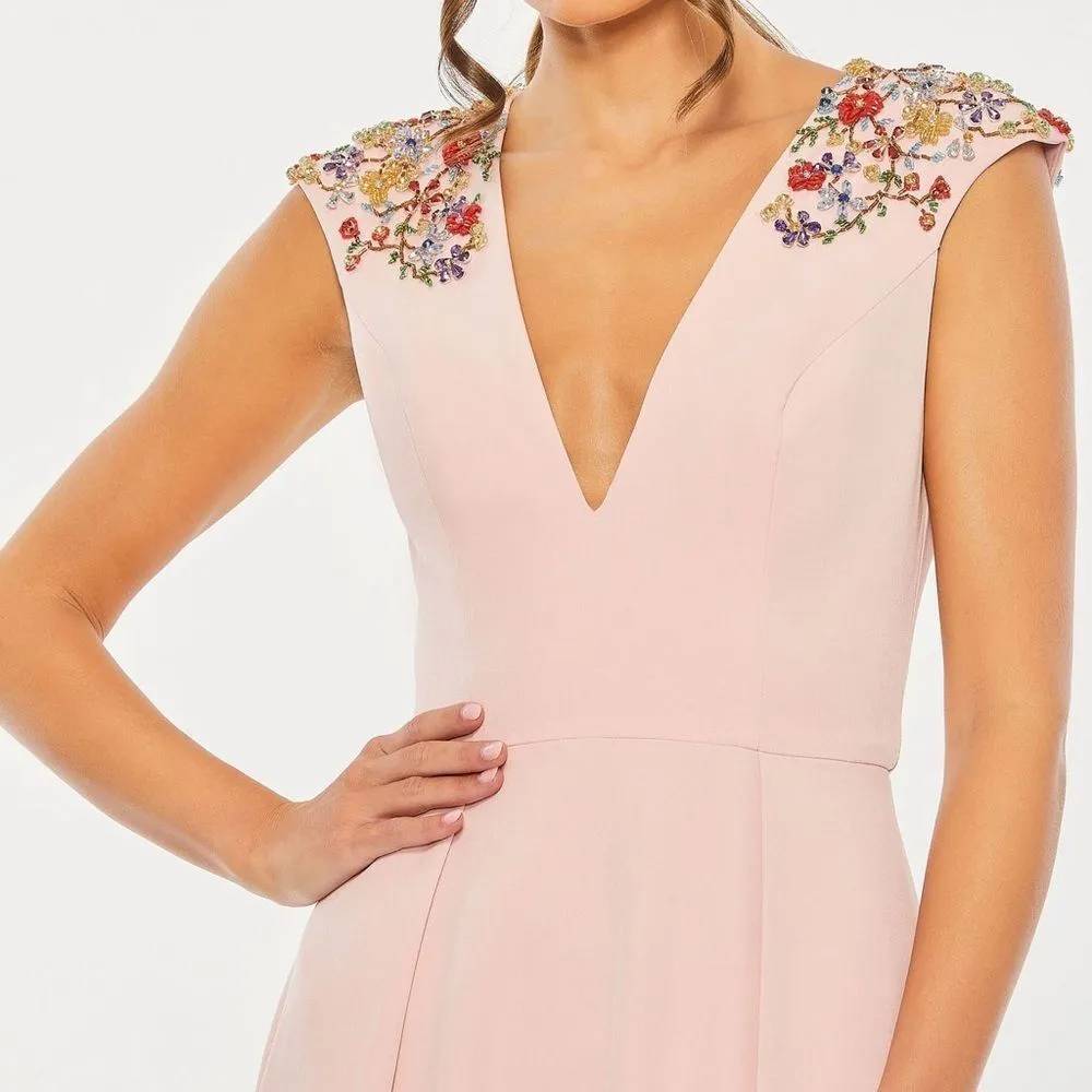 MAC DUGGAL 26540 Pink Beaded Cap Sleeve V Neck A Line Gown Dress - Image 3