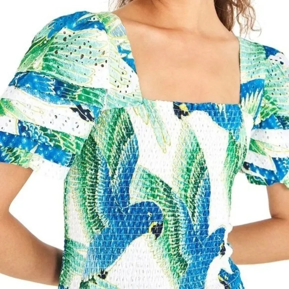 Farm Rio Araras Mini Dress White Blue Parrot Smocked Dress M - Image 36