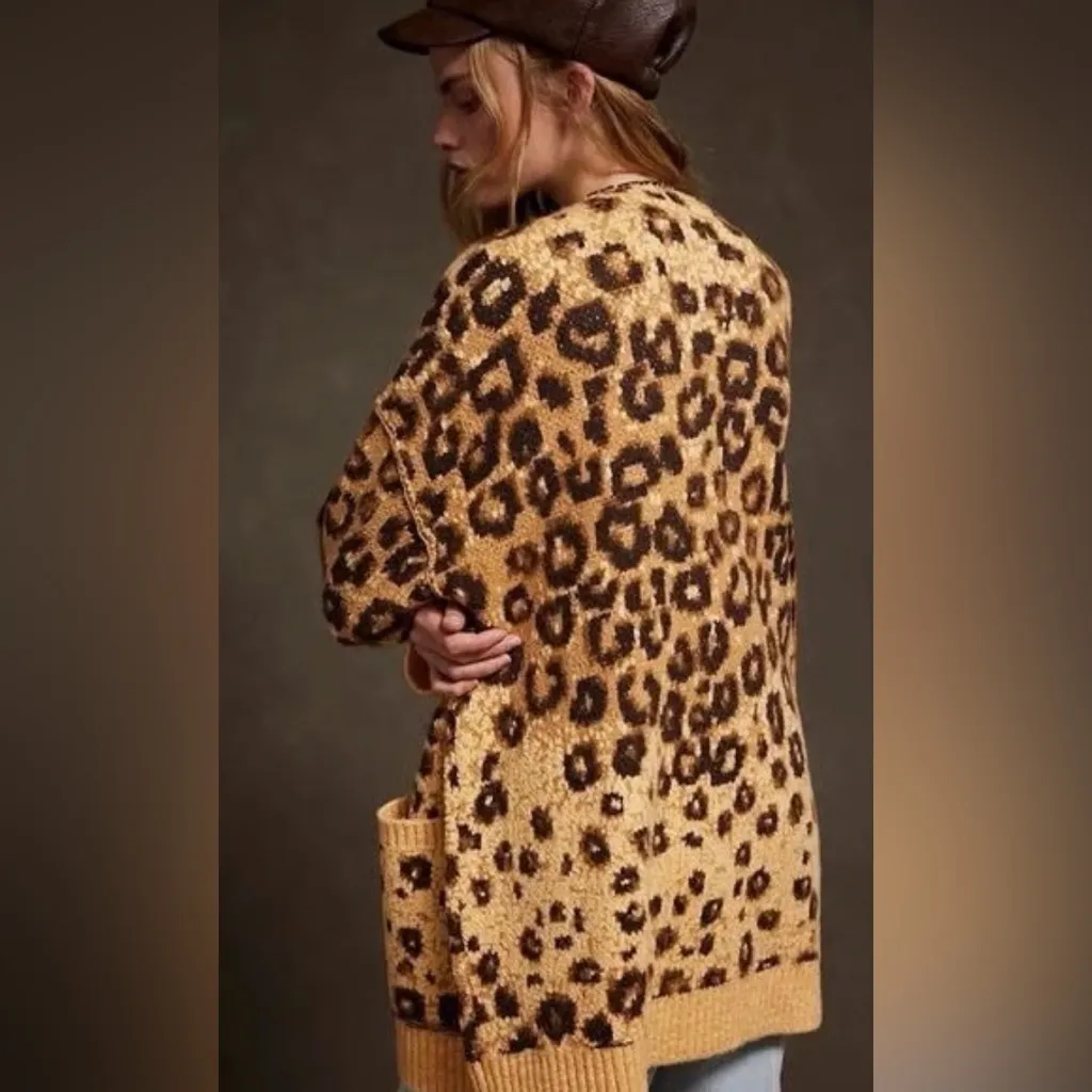 Free People  State Side Cardigan Knit Button Ribbed Leopard Yellow Combo - Image 3