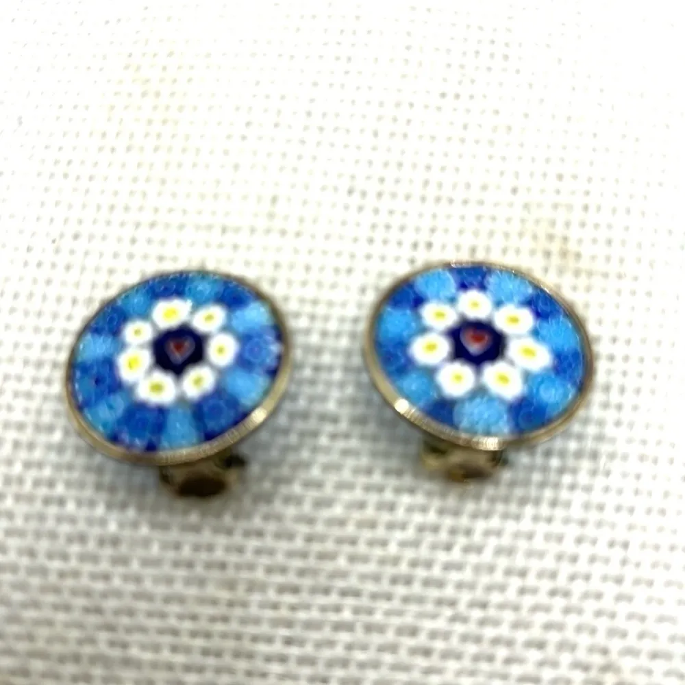 Rare Nicolis Cola Vermeil Sterling Round Millefiori Murano Glass Clip Earrings Blue - Image 8