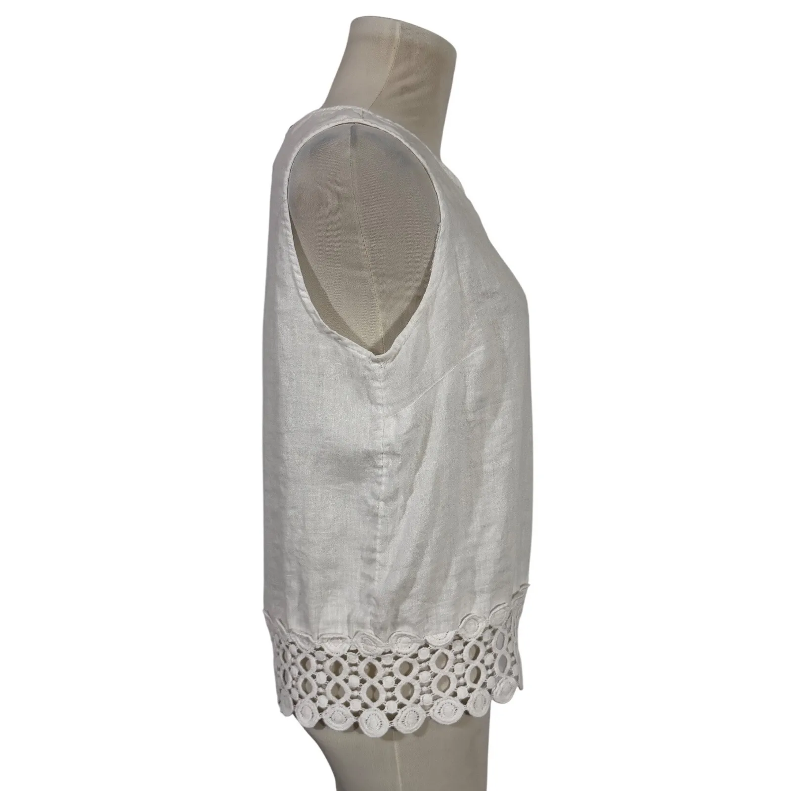 KENAR Linen Crochet Trim Tank Top White Sleeveless Women's M Summer Cruise Boho - Image 3