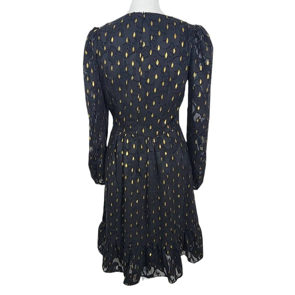 Maggy London Black and Gold Chiffon Dress NWT Size 0 Long Sleeve Metallic Gold - Image 2