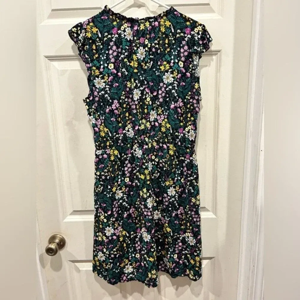 Old‎ Navy Flutter Sleeves Black Floral Dress Green Yellow Purple Flowers Large - Image 6