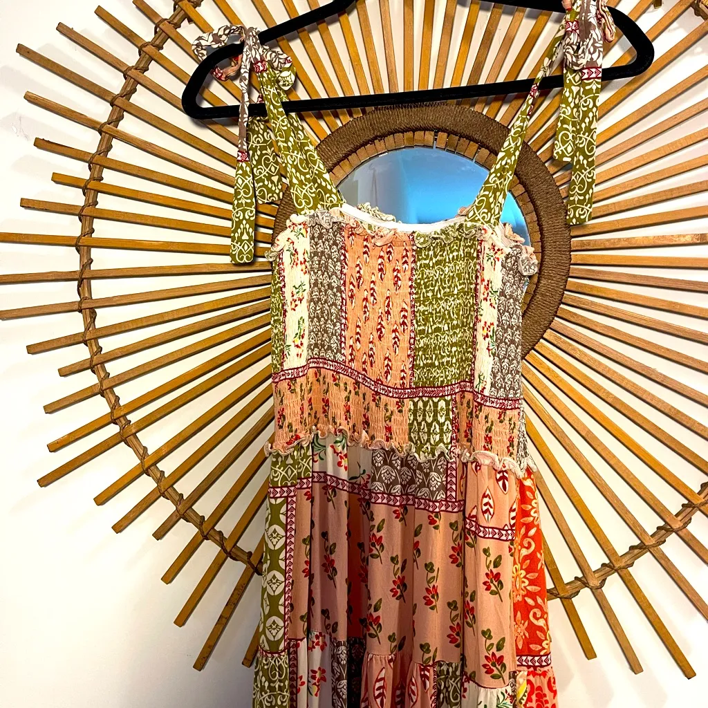 Abel the Label Bohemian Multicolor Patchwork Smocked Maxi Dress with Tie Straps - Image 12
