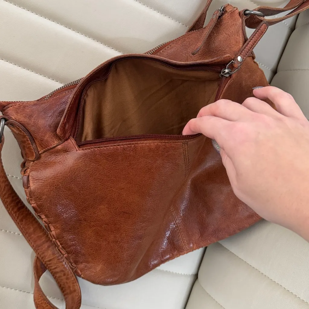 Vilenca Holland genuine leather Boho Woven Crossbody Hobo Brown Bag Purse Tan - Image 9