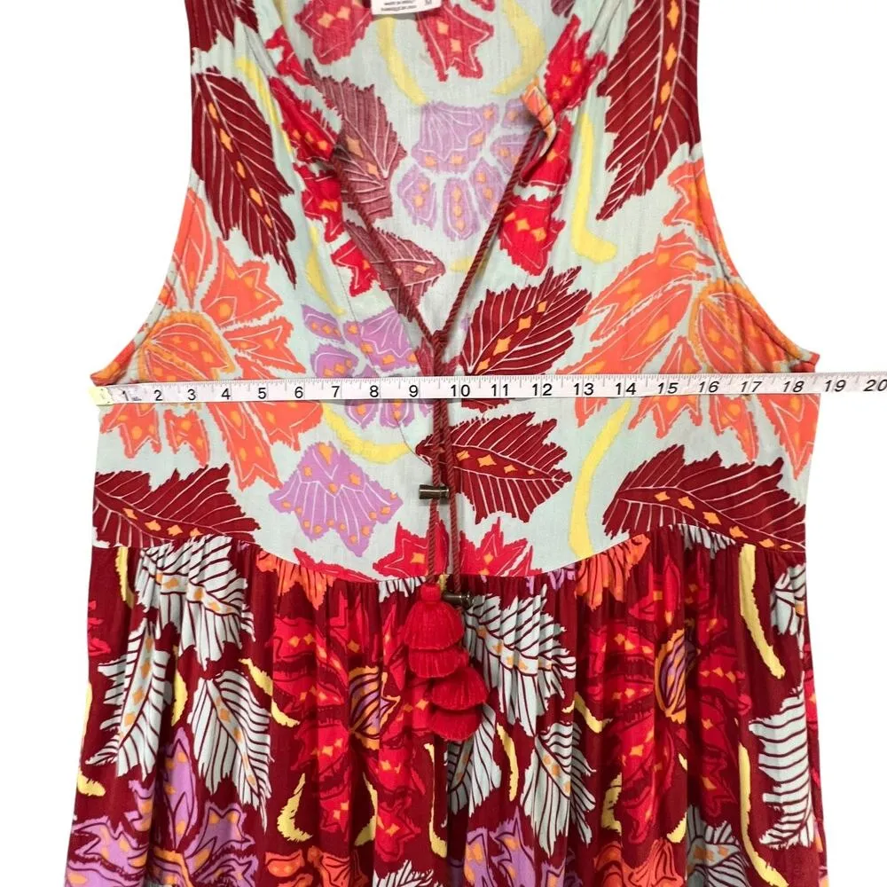 Anthropologie Omika Dress M Red Orange Floral Maxi Boho Tiered Tassel Pockets - Image 6