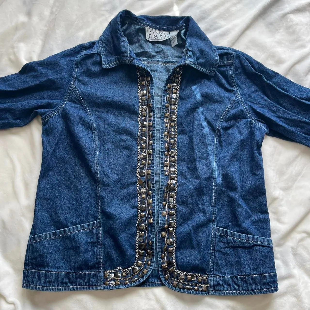 Vintage Y2K boho blue denim lightweight jacket with beaded & chain details large - Image 1