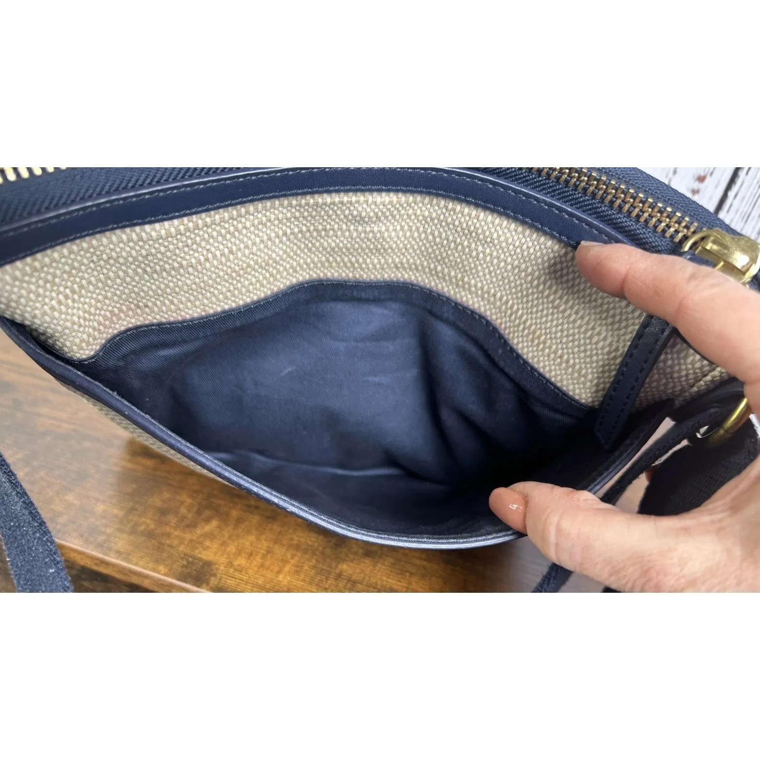 Fossil Devon Crossbody Handbag Woven Tweed And Navy Blue And Teal Green Zippers - Image 14