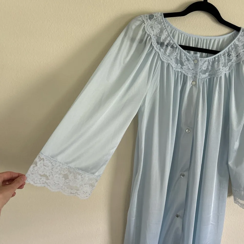 VTG baby blue nylon sheer lace trim button down nightgown midi dress S M L XL​ - Image 4