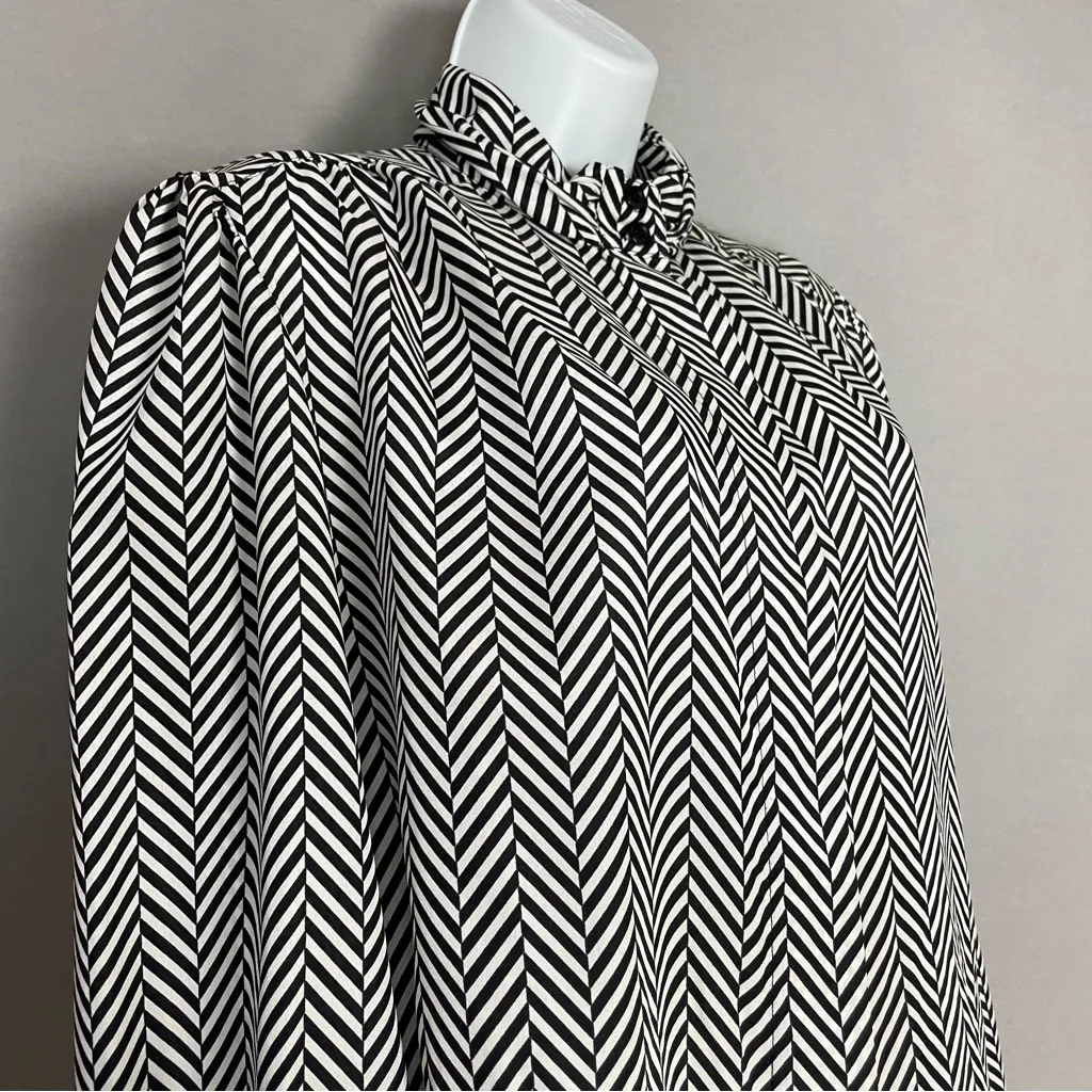 Vintage 80s Blouse Secretary Long Sleeve Mock Neck Black White Herringbone Print Size 10 - Image 11