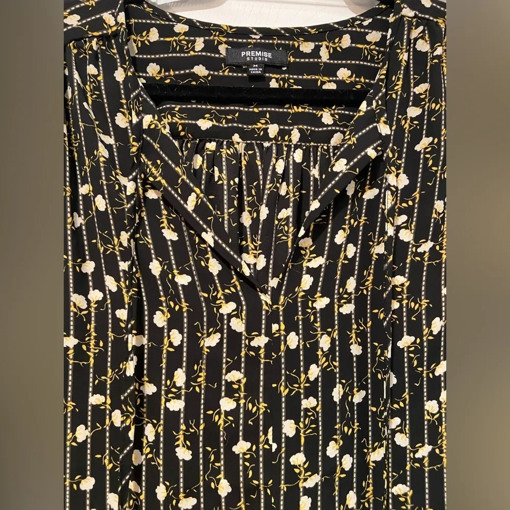 Premise Studio Black Yellow Floral Striped V Neck Tie Long Sleeve Blouse Size M - Image 7