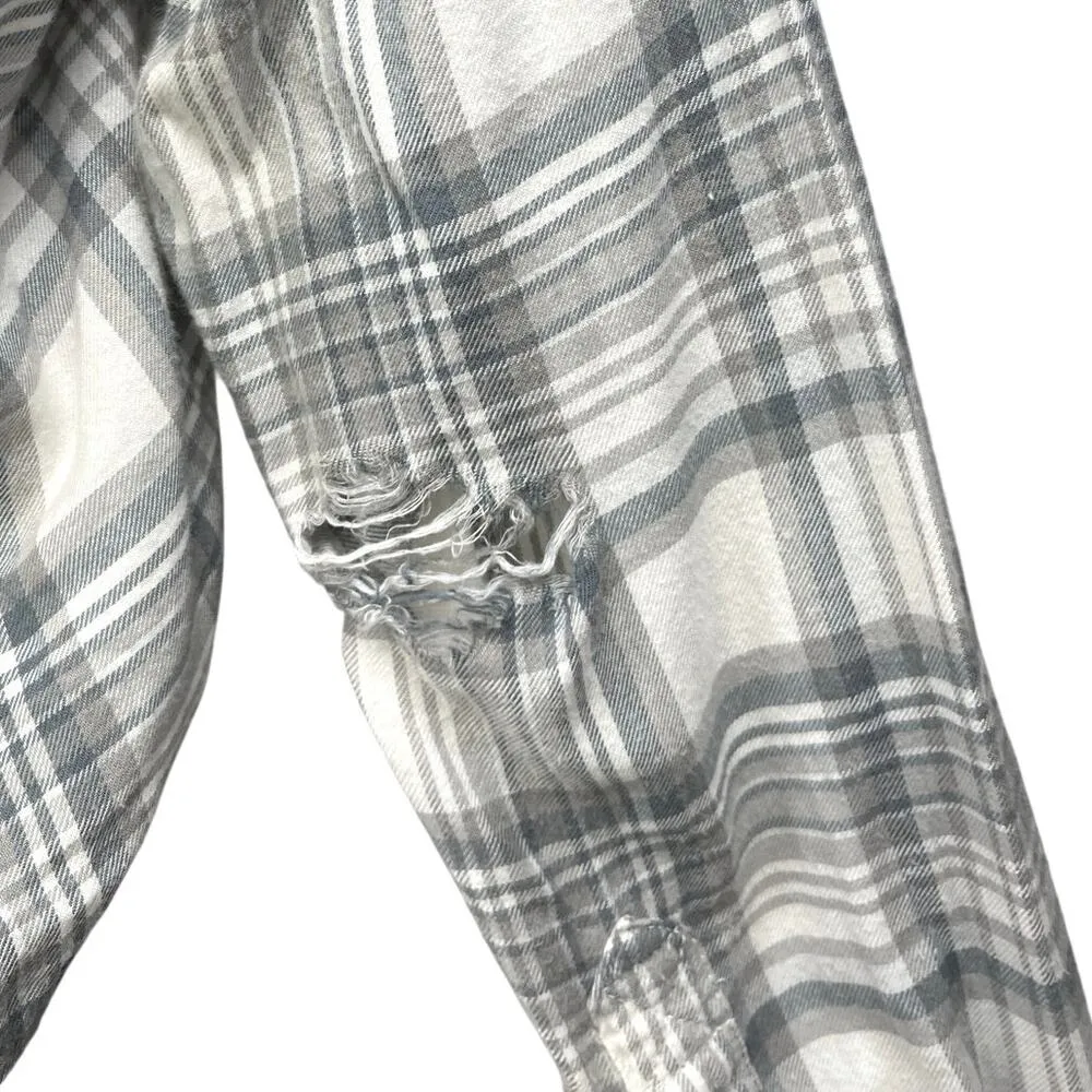 American Eagle Gray Plaid Cozy Cabin Flannel Crop Hoodie Hooded Shirt Top Size S - Image 4