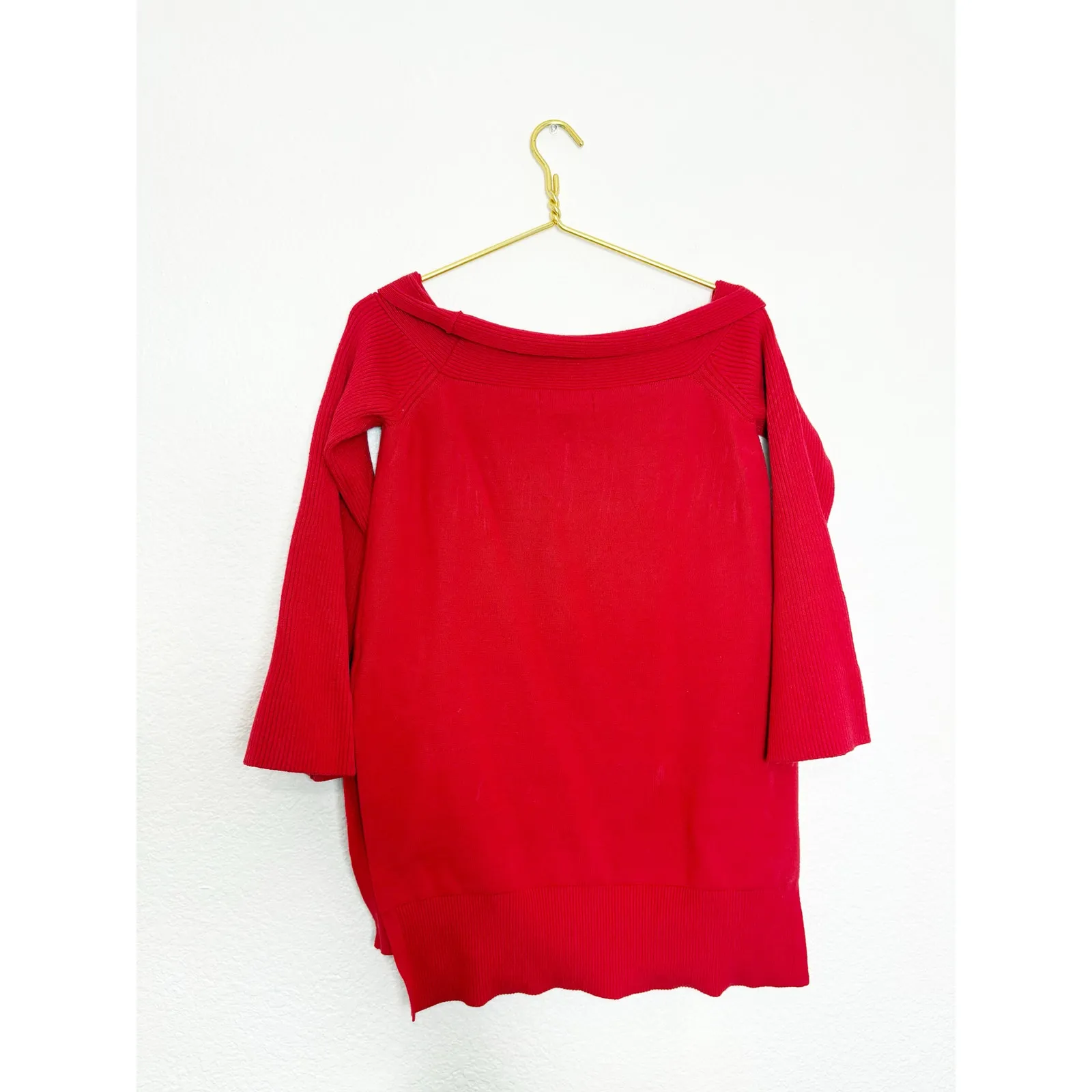 Anthropologie Elise Red Ribbed Tunic Sweater Size Small Off Shoulder Bell Sleeve - Image 12